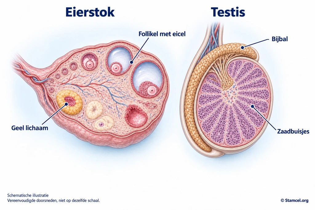 Doorsneden van eierstok en testis met labels voor follikel, geel lichaam, zaadbuisjes en bijbal.