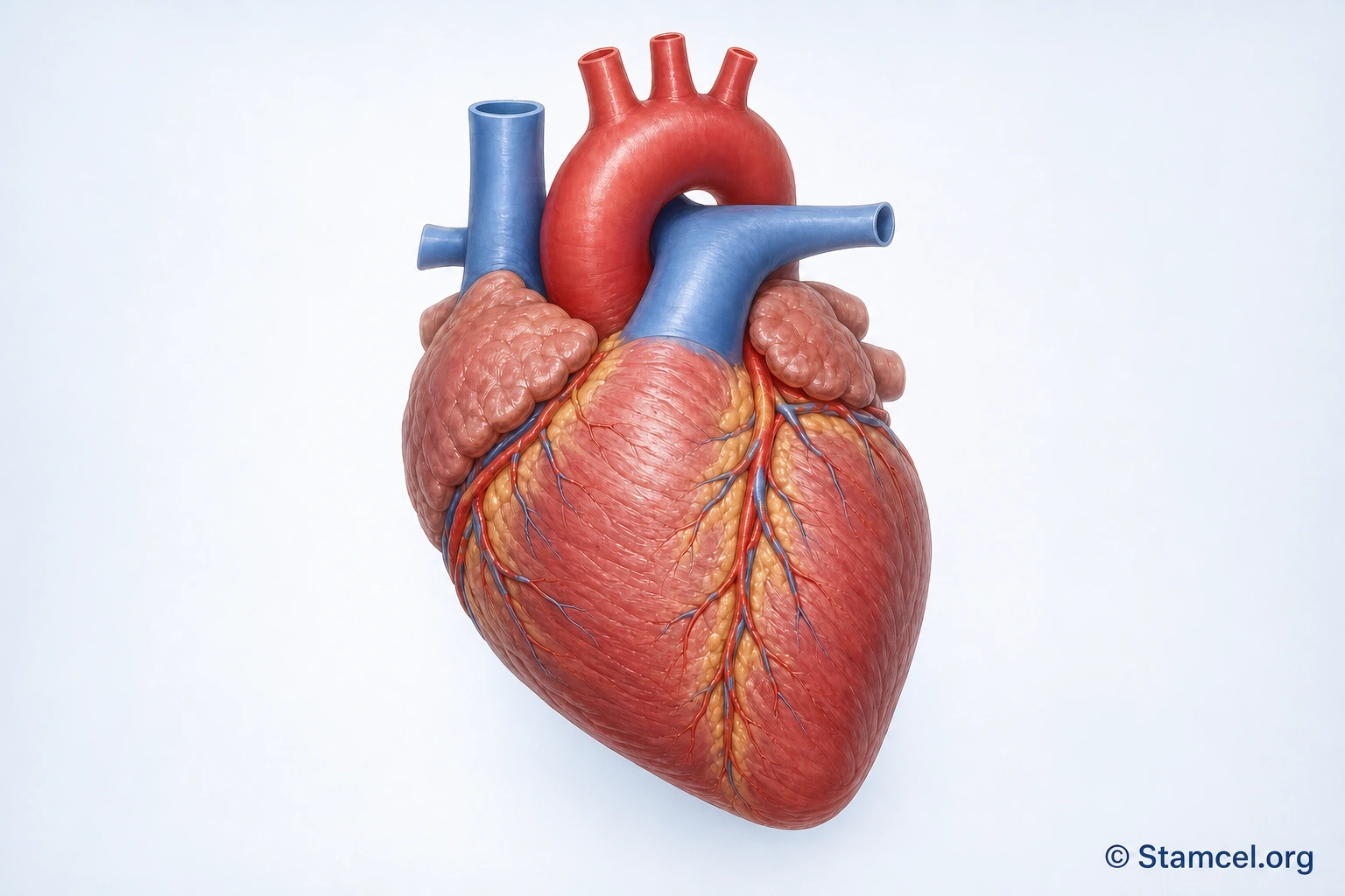 Anatomische illustratie van een menselijk hart in vooraanzicht met boezems, kamers en grote bloedvaten