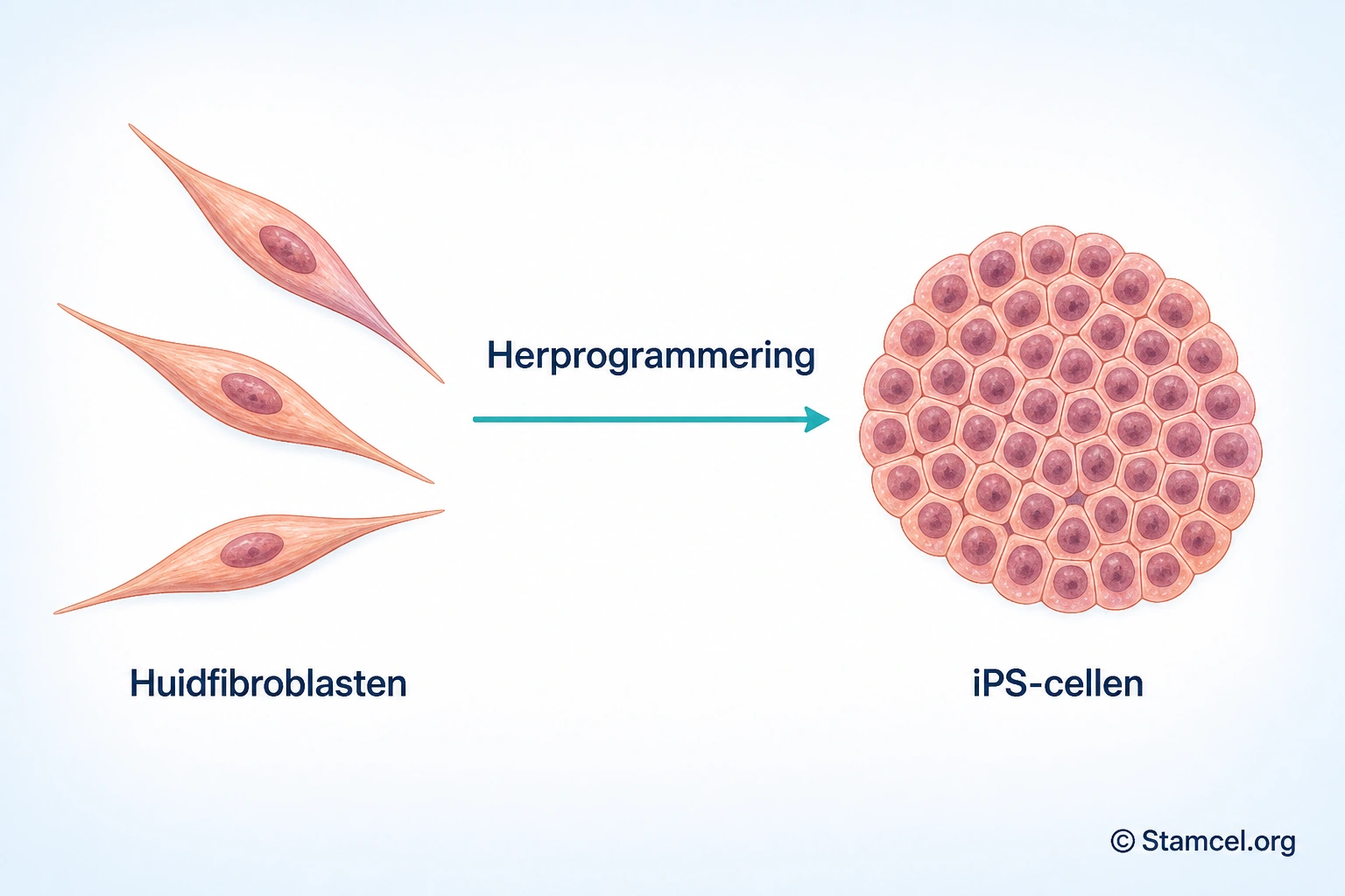 Schematische herprogrammering van langgerekte huidfibroblasten naar een kolonie ronde iPS-cellen